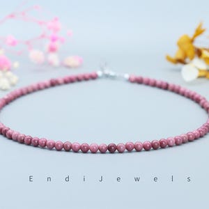 Natural Rhodonite 4mm Beaded Necklace, Genuine Pink Gemstones, Waterproof Daily Dainty Summer Choker, Gift for Her, Handmade Necklace