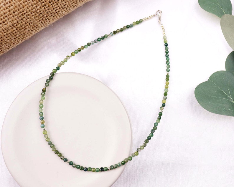 Tiny Green Agate Round Beaded Choker, Bracelet, Natural Gemstone Beaded Necklace, Small 3mm Moss Agate, Handmade Gift for Women image 2