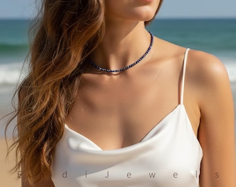 Lapis Lazuli winzige 3 mm Perlen Halsband, Perlen Armband, natürliche blaue Edelstein Halskette, handgemachte dehnbare tägliche Schichtkette, Geschenk für sie