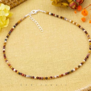 Natural Mookaite 3mm Tiny Round Beaded Choker, Stretchy Bracelet, Genuine Yellow Gemstone Beaded Necklace, Daily Waterproof Layered Necklace image 5