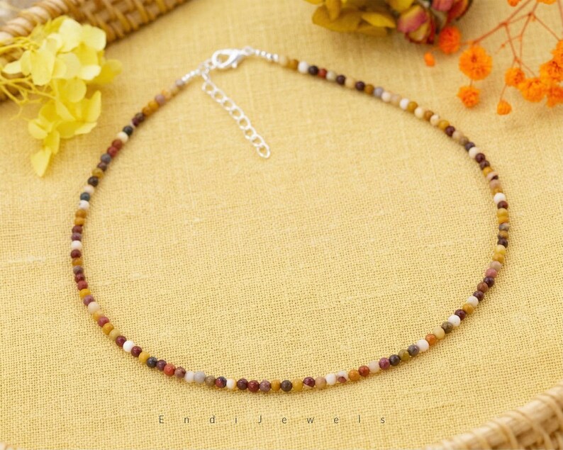 Natural Mookaite 3mm Tiny Round Beaded Choker, Stretchy Bracelet, Genuine Yellow Gemstone Beaded Necklace, Daily Waterproof Layered Necklace image 5