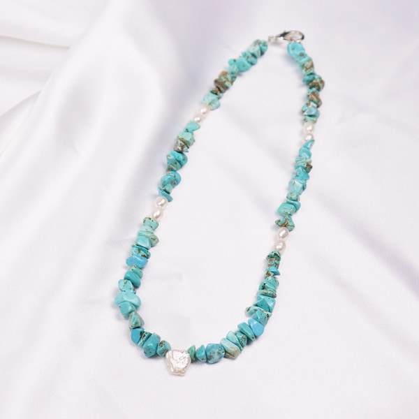 Irregular Turquoise Chips Freshwater Pearl Necklace, Natural Turquoise Chips Choker with Real Freshwater Pearl, Mother's Day Gift