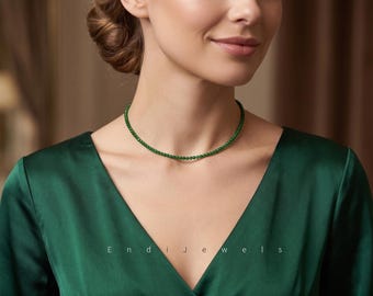 Natural Green Jade 3mm Faceted Beaded Choker, Stretchy Bracelet, Genuine Green Gemstone, Daily Waterproof Layered Necklace, Gift for Her