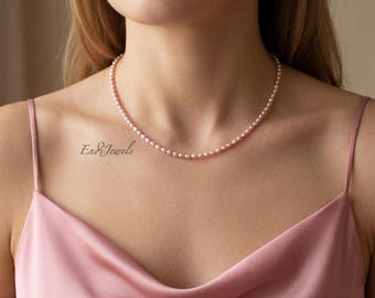 ピンクパールネックレス、5 x 6 mm本真珠ネックレス、淡水真珠 
