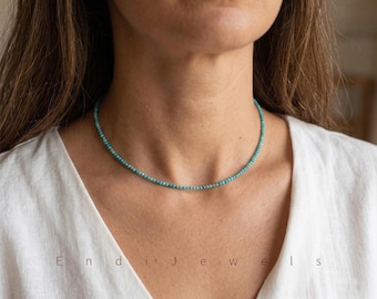 Natürliche Türkis Tiny 2 mm Facettierte Perlen-Halskette, Dehnbares Perlen-Armband, Top-Qualität 5A Blau Hubei Türkis, Wasserdicht Täglich Layered