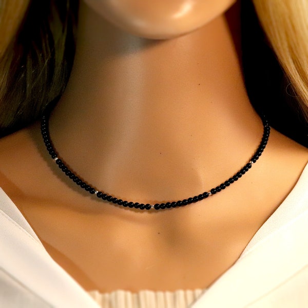 Tiny 3mm Black Onyx Beaded Choker, Natural Gemstone Necklace, Small Beaded Choker, Summer Choker, Handmade Necklace, Birthday Gift for Her