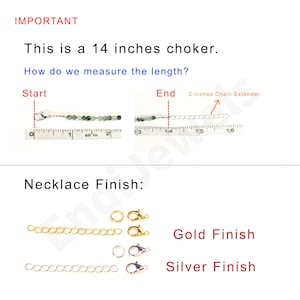 May include: Image showing a 14-inch choker necklace with a chain extender. The image also displays gold and silver finish options for the necklace.