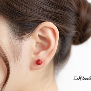 Red Shell 6mm Beaded Studs Earrings, 925 Sterling Silver, Gift for Her, Minimalist Daily Dainty Waterproof Earring Jewelry