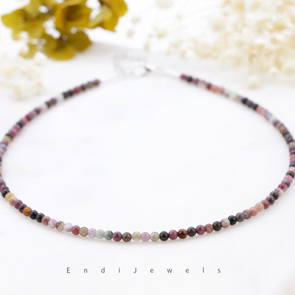 Tourmaline Round Beaded Choker, Bracelet, 3.2mm Natural Genuine Gemstone Beads, Colorful Beaded Necklace Handmade Necklace, Gift for Her