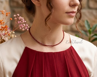 Natural Red Jasper Tiny 3mm Faceted Beaded Choker, Stretchy Bracelet, Gemstone Necklace, Daily Layered Waterproof Necklace for Women