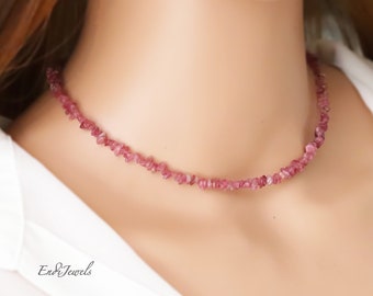 Natural Pink Tourmaline 3-5mm Small Chips Beaded Choker, Bracelet, Summer Choker, Dainty Daily Beaded Necklace, Handmade, Mother's Day Gift