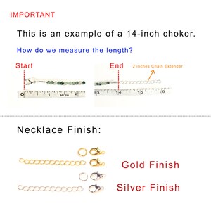 Puede incluir: Primer plano de un collar gargantilla de 14 pulgadas con un extensor de cadena. El collar est&aacute; hecho de cuentas verdes y cadena plateada. La imagen muestra c&oacute;mo medir la longitud del collar. El collar est&aacute; disponible en acabado dorado o plateado.