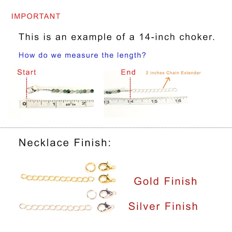 Puede incluir: Primer plano de un collar gargantilla de 14 pulgadas con un extensor de cadena. El collar est&aacute; hecho de cuentas verdes y cadena plateada. La imagen muestra c&oacute;mo medir la longitud del collar. El collar est&aacute; disponible en acabado dorado o plateado.