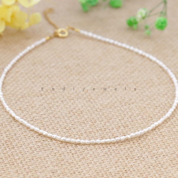 Tiny Rice Freshwater Pearl 2mm Beaded Choker, Quality AA Real Natural White Pearl Beaded Necklace, Small Pearl Beads, Mother's Day Gift