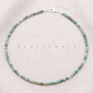 Natural Qinghai Jade Tiny 3mm Beaded Choker, Stretchy Bracelets, Daily Layered Waterproof Green Gemstone Beaded Necklace for Women