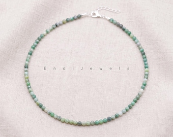 Natural Qinghai Jade Tiny 3mm Beaded Choker, Stretchy Bracelets, Daily Layered Waterproof Green Gemstone Beaded Necklace for Women