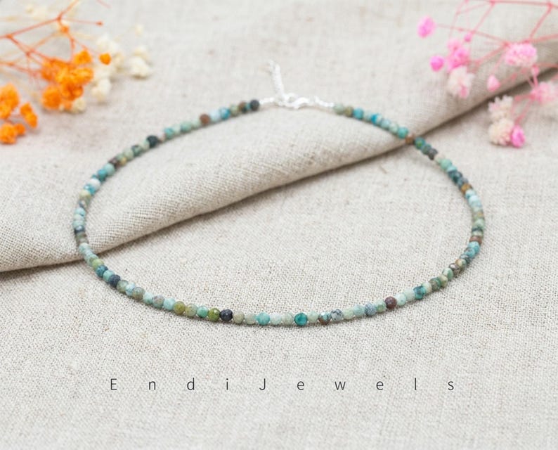 Natural Hubei Turquoise 3mm Tiny Faceted Beaded Choker, Bracelet, Genuine Blue Green Gemstone Beaded Necklace, Daily Waterproof Stretchy AB image 4