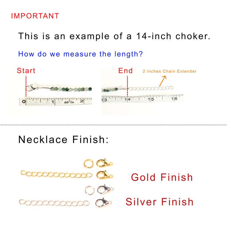 May include: A close-up of a 14-inch choker necklace with a chain extender. The necklace is made of green beads and silver chain. The image shows how to measure the length of the necklace. The necklace is available in gold or silver finish.