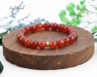 Natural Red Agate 8mm 10mm Round Beaded Stretchy Bracelet for Women, Genuine Carnelian Gemstone Beads, Daily Bracelet, Mother's Day Gift