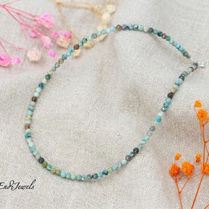 Natural Hubei Turquoise 3mm Tiny Faceted Beaded Choker, Bracelet, Genuine Blue Green Gemstone Beaded Necklace, Daily Waterproof Stretchy AB image 3
