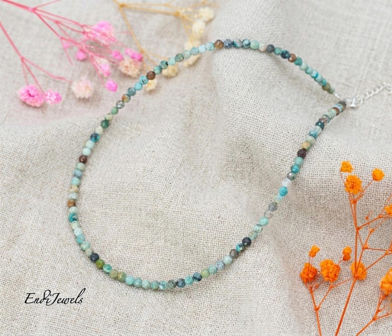 Natural Hubei Turquoise 3mm Tiny Faceted Beaded Choker, Bracelet, Genuine Blue Green Gemstone Beaded Necklace, Daily Waterproof Stretchy AB image 3