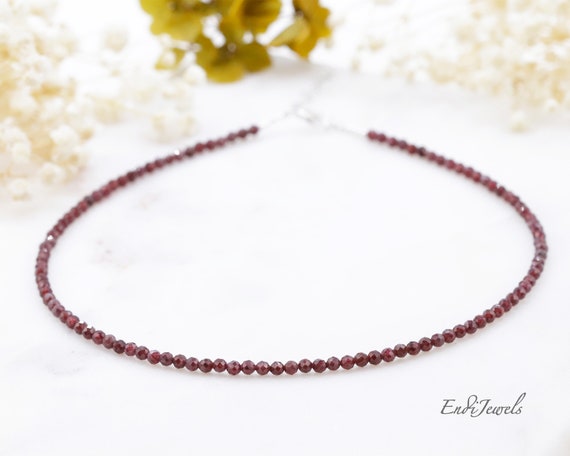 Collier Ras Du Cou 18" En Perles Grenat Naturel Facettées - Argenté Plaqué - Neuf Sans Emballage