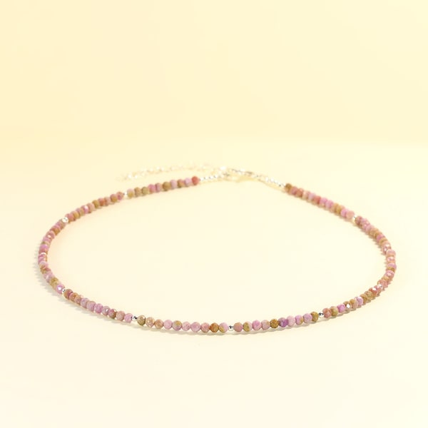 Tiny Pink Mica Faceted Beaded Choker, 3mm Beaded Necklace, Handmade Necklace, Summer Choker, Natural Gemstone Beads, Gift for Her
