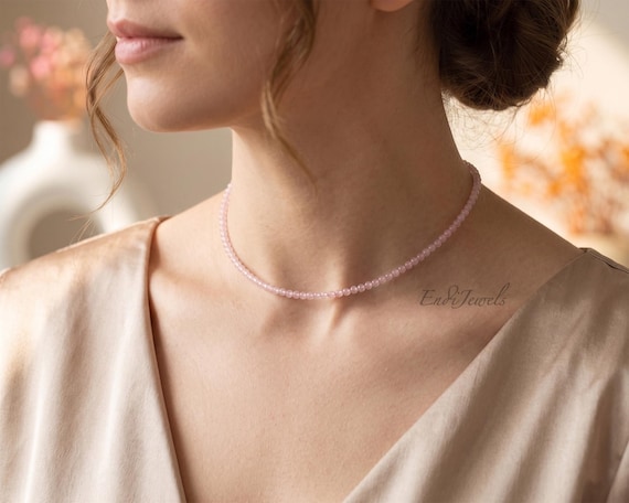 Natural Rose Quartz 3mm Beaded Choker, Stretchy Bracelet, Pink Crystal Beaded Necklace, Natural Gemstone, Daily Waterproof Layered Necklace