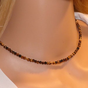Tiny 3mm Tiger&#39;s Eye Round Beaded Choker, Bracelets, Summer Choker, Natural Gemstone Beaded Necklace, Handmade Necklace, Gift for Her