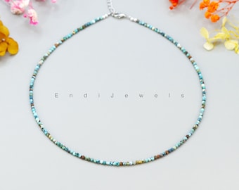 Tiny Hubei Turquoise 2mm Round Beaded Choker, Bracelet, Natural Blue Gemstone Beaded Necklace, Genuine Gemstone, Daily Necklace Gift for Her