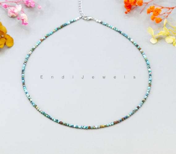 Tiny Hubei Turquoise 2mm Round Beaded Choker, Bracelet, Natural Blue Gemstone Beaded Necklace, Genuine Gemstone, Daily Necklace Gift for Her