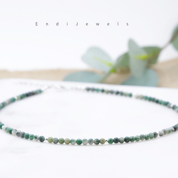 Tiny 3mm Green Jade Beaded Choker, Bracelets, Beaded Necklace, Handmade Necklace, Choker Green Natural Gemstone, Birthday Gift, Gift for Her