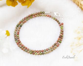 Natural Unakite 3mm Round Beaded Choker, Bracelet, Genuine Tiny Green Gemstone Beads, Dainty Daily Necklace, Summer Choker, Gift for Her