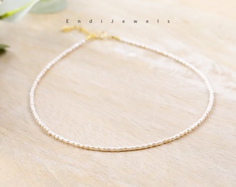 Tiny Rice Freshwater Pearl 2.5mm Top Quality AAAAA Soft Thread Choker, Real Natural White Pearl Beaded Necklace, Small Pearl Beads
