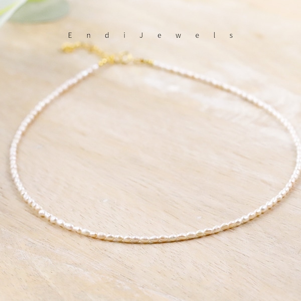 Tiny Rice Freshwater Pearl Beaded Choker, Real Natural White Pearl Beaded Necklace, Small 2mm Pearl Beads, Gift for Women