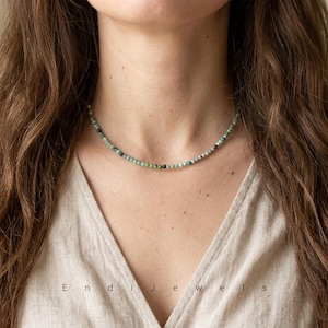 Natural Hubei Turquoise 3mm Tiny Faceted Beaded Choker, Bracelet, Genuine Blue Green Gemstone Beaded Necklace, Daily Waterproof Stretchy AB image 2