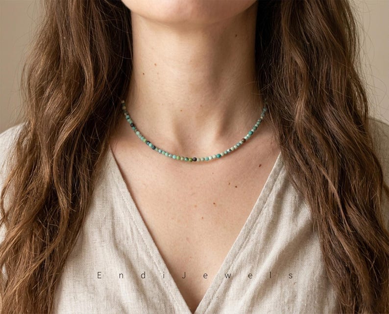 Natural Hubei Turquoise 3mm Tiny Faceted Beaded Choker, Bracelet, Genuine Blue Green Gemstone Beaded Necklace, Daily Waterproof Stretchy AB image 2