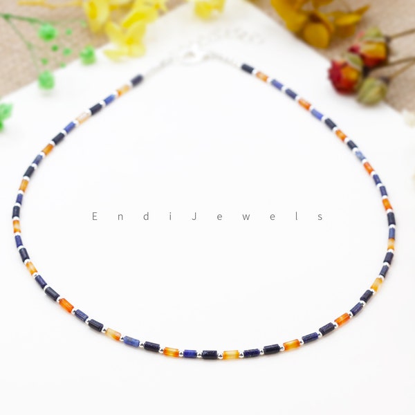 Natural Gemstone Red Carnelian Lapis Lazuli Blue Goldstone 2*4mm Small Tube Beaded Choker, Bracelets, Summer Daily Necklace, Gift for Her