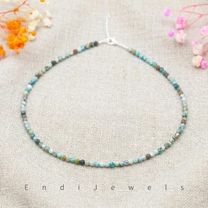 Natural Hubei Turquoise 3mm Tiny Faceted Beaded Choker, Bracelet, Genuine Blue Green Gemstone Beaded Necklace, Daily Waterproof Stretchy AB