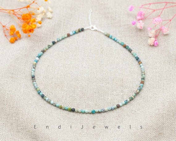 Natural Hubei Turquoise 3mm Tiny Faceted Beaded Choker, Bracelet, Genuine Blue Green Gemstone Beaded Necklace, Daily Waterproof Stretchy AB