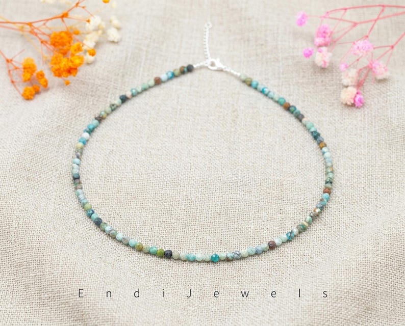 Natural Hubei Turquoise 3mm Tiny Faceted Beaded Choker, Bracelet, Genuine Blue Green Gemstone Beaded Necklace, Daily Waterproof Stretchy AB image 1