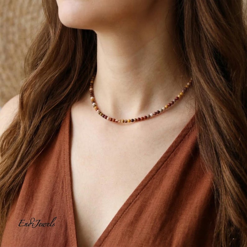 Natural Mookaite 3mm Tiny Round Beaded Choker, Stretchy Bracelet, Genuine Yellow Gemstone Beaded Necklace, Daily Waterproof Layered Necklace image 3