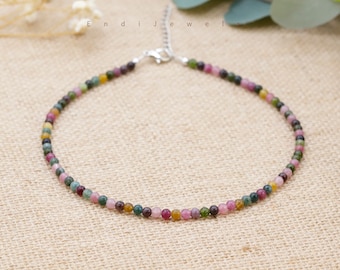 Natural Tourmaline 4mm Round Beaded Necklace, Bracelet, Genuine Gemstone Beads, Colorful Beaded Necklace, Summer Choker, Mother's Day Gift