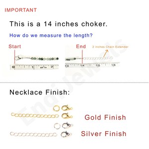 May include: A 14-inch beaded choker necklace with a 2-inch chain extender, shown with a measuring tape. The necklace finish options include gold and silver, each featuring a lobster clasp and a matching extender chain for adjustable length.
