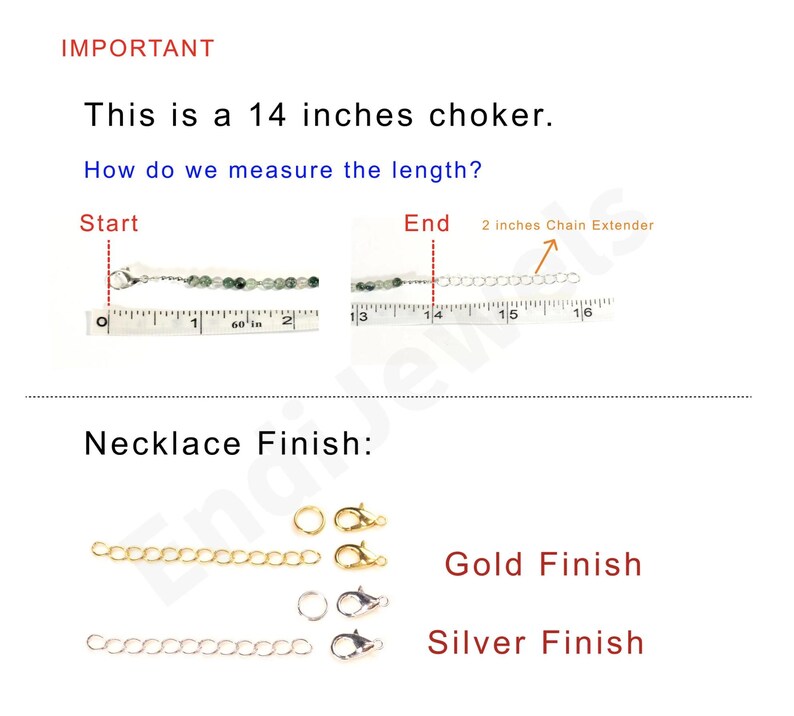 May include: A 14-inch beaded choker necklace with a 2-inch chain extender, shown with a measuring tape. The necklace finish options include gold and silver, each featuring a lobster clasp and a matching extender chain for adjustable length.