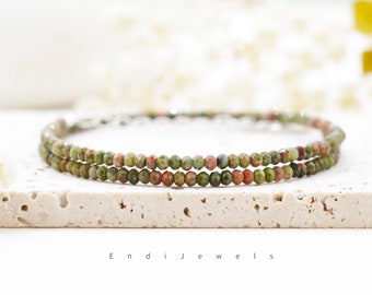 Natural Unakite 2x3mm Faceted Rondelle Beaded Choker, Bracelet, Genuine Green Gemstone Beaded Necklace, Mother's Day Gift, Gift for Her/Him