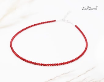 Tiny Red Coral 3mm Round Beaded Choker, Bracelet, Natural Gemstone Beads, Daily Dainty Necklace for Women, Summer Choker, Handmade Gift