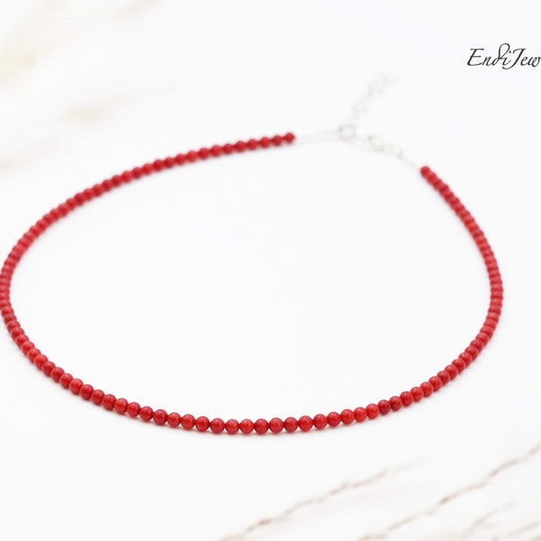 Tiny Red Coral 3mm Round Beaded Choker, Bracelet, Natural Gemstone Beads, Daily Dainty Necklace for Women, Summer Choker, Handmade Gift