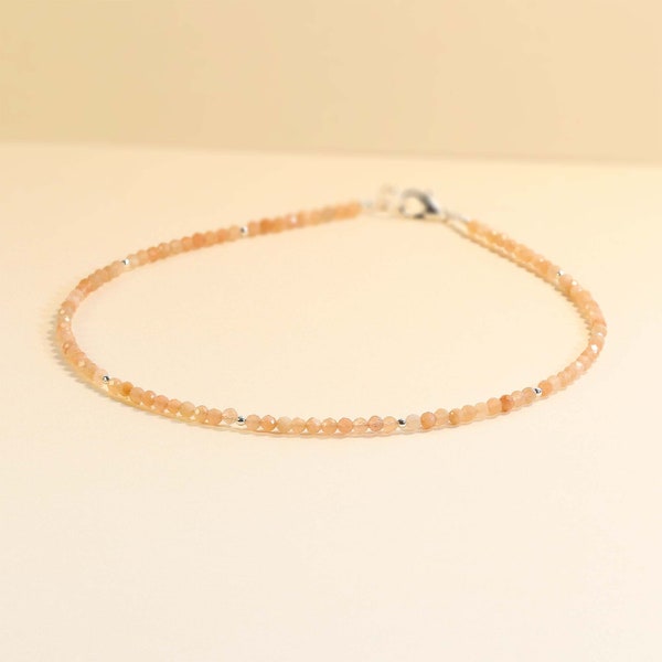 Tiny Faceted Sunstone Beaded Choker, Bracelet, Summer Choker, Natural 3mm Pink Gemstone Beaded Necklace, Handmade Necklace, Gift for Her