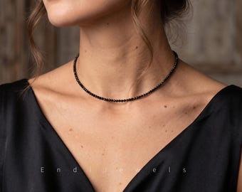 Natural Black Tourmaline Tiny 3mm Faceted Beaded Choker, Stretchy Bracelet, Genuine Gemstone Waterproof Dainty Daily Layered Beaded Necklace